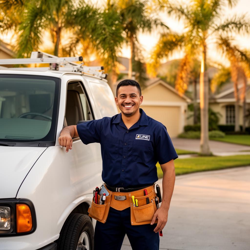 A/C Rangel HVAC technician next to service van in Florida